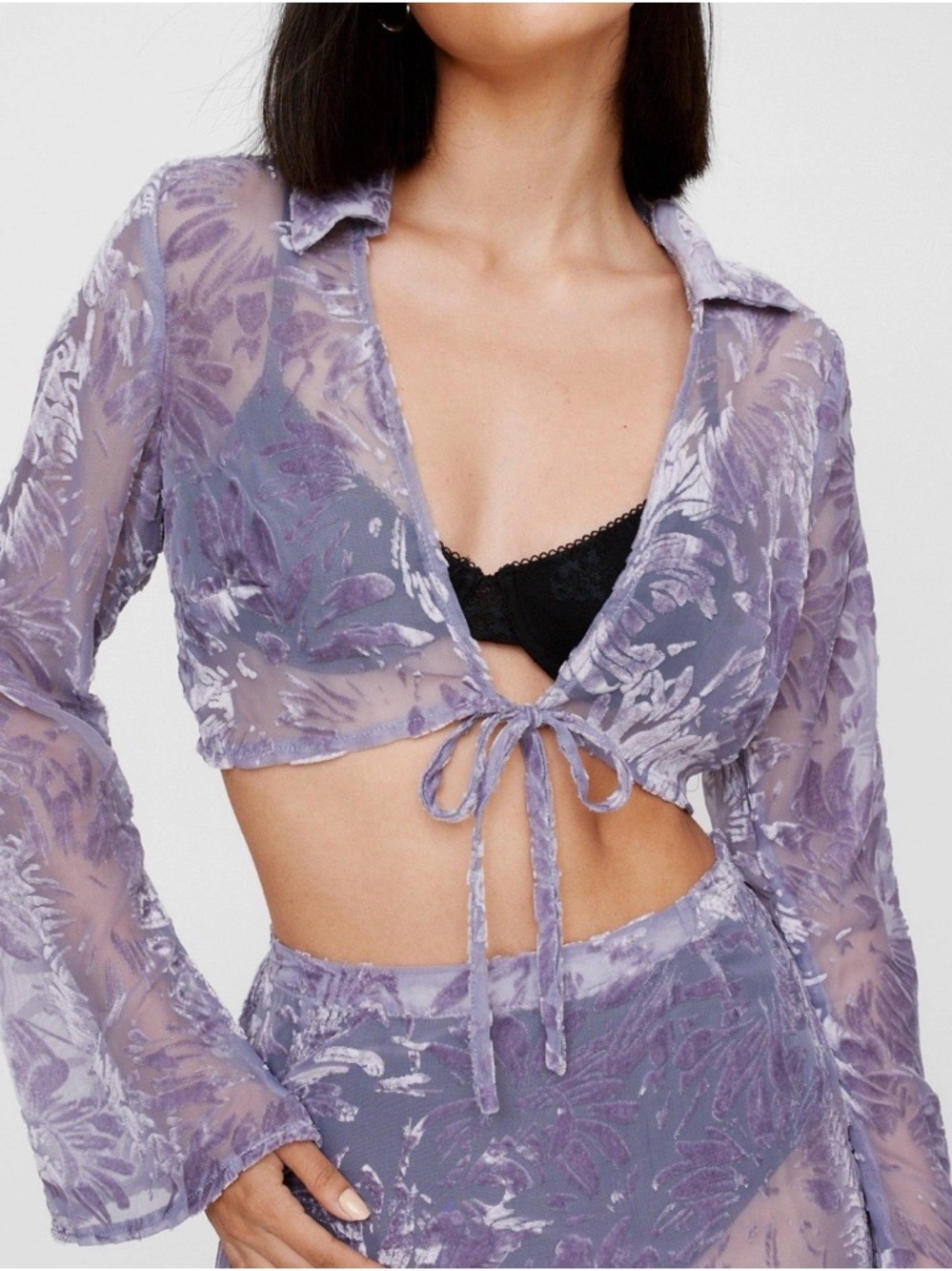 Nasty Gal Lavender Velvet and Mesh Cropped Tie-Front Top
